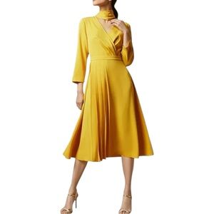 Ted Baker Yellow Wrap-Style Midi Dress with Scarf Neck